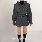 2TW MOON韩国2023秋冬装 时尚连帽短款长袖夹克外套+短裤套装