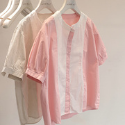 面料轻薄舒服~2023粉色条纹拼接小清新减龄圆领短袖衬衫女