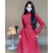 Amy的店外贸品质针织连衣裙新年战袍红色修身气质女秋冬毛衣长裙