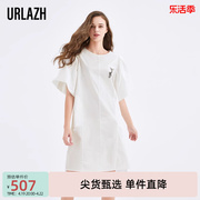 urlazh有兰夏季水洗，棉布泡泡袖，白色圆领连衣裙
