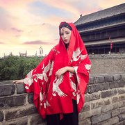 仙鹤民族风丝巾女夏季薄款防晒披肩围巾，两用披风旅游拍照红色穿搭