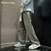 proteusboy美式复古水洗，磨白阔腿直筒抽绳舒适牛仔长裤pb333