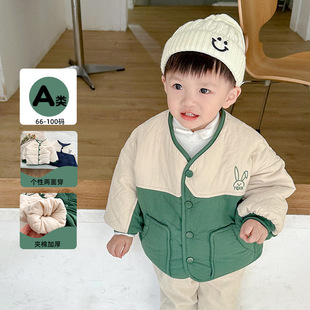 韩版婴童拼色两面穿衣服冬季外套，婴儿保暖加厚男宝宝棉衣字母刺绣