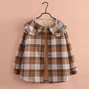 女童秋冬装格子衬衫，2023洋气中大童长袖，加绒加厚上衣儿童开衫