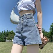 商场cosplay女装浅蓝色超高腰牛仔短裤女夏季显瘦遮肚子排扣美式