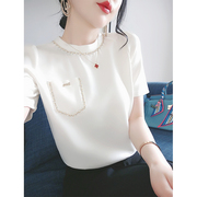白色短袖t恤女设计感小众时尚法式气质重工镶钻夏季上衣2024