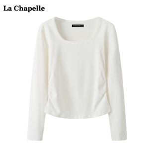 拉夏贝尔/La Chapelle正肩方领长袖t恤女秋季褶皱显瘦上衣