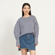 UGIZ春夏季韩版女装圆领竖条纹修身上衣灯笼袖长袖衬衫女UASG991
