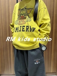 RM原创设计男女儿童宝纯棉日系黄色做旧水洗卡通圆领长袖T恤
