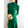 纤纤家 秋季显白标配裙 羊毛针织修身显瘦高领绿色中长打底连衣裙