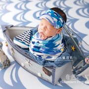蓝色迷彩海军套组帽子，男孩裤子帆船，裹布新生儿摄影道具宝宝影楼