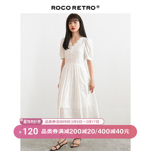 roco复古法式白色蕾丝连衣裙，女泡泡袖短袖夏季长裙子