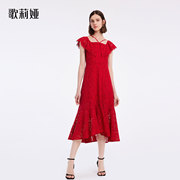 歌莉娅红色中式蕾丝连衣裙，高级感夏装女露肩，法式气质女1b5r4k3x0