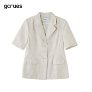 gcrues棉麻西装女薄款西服2024年夏季小众设计感短袖外套上衣