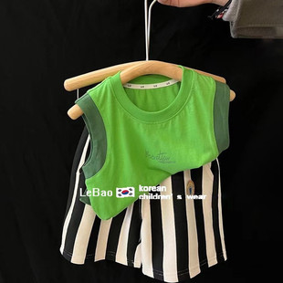韩版童装男童夏装套装宝宝纯棉，绿色纯棉背心宝宝条纹短裤两件套潮