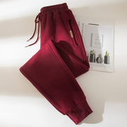 酒红色春秋流行运动裤，女薄款2024冬宽松小个子，加绒卫裤休闲裤