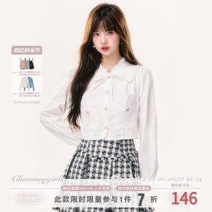 chummy 22FW原创蕾丝边娃娃翻领时髦白色短衬衫法式甜美长袖上衣