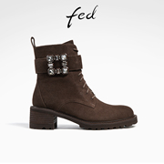 fed粗跟马丁靴，冬季靴子复古短靴水钻，时装靴女款r1102-zfa355