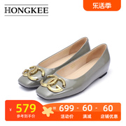 hongkee红科女鞋平底内增高牛皮方头，浅口单鞋hb52s102