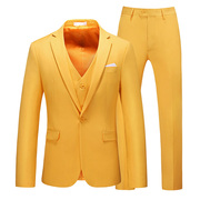 秋季男士大码西服三件套15个纯色橘黄色外贸品质西装职业工作服
