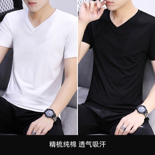 2件男士短袖t恤v领体桖纯棉，修身夏季纯色打底衫，半袖白衣服(白衣服)长袖