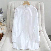白色立领衬衫女春季设计感小众，中长款纯棉上衣，慵懒风打底叠穿衬衣