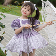 女童蕾丝公主裙女孩，西班牙泡泡袖连衣裙，儿童生日礼服裙紫色花