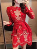 越南设计师气质重工大红色敬酒服聚会小礼服长袖蕾丝显瘦连衣裙