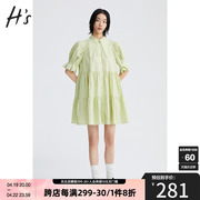 HS奥莱娃娃领连衣裙夏季女装绿色清新减龄泡泡袖衬衫裙A字裙