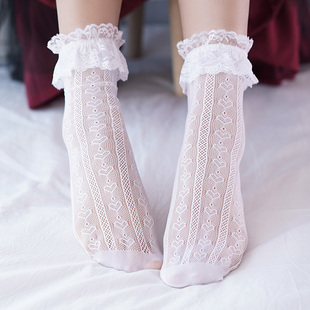 日系蕾丝花边堆堆袜lolita可爱jk短袜子女镂空薄款长筒袜夏季网眼