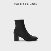 CHARLES&KEITH秋冬女靴CK1-90360360女士圆头粗高跟拉链短靴女鞋