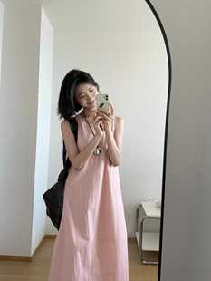美式复古纯欲风圆领撞色假两件无袖背心裙夏季直筒粉色连衣裙