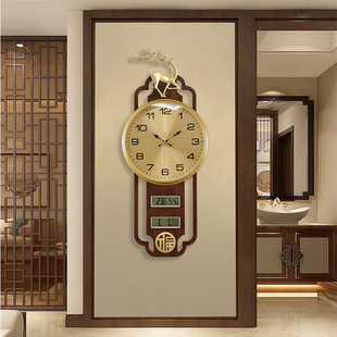 2022新中式挂钟带日历显示温度，家用客厅时尚，挂墙万年历时钟表