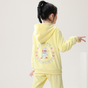 2024春秋女大童女孩宝宝休闲黄色天鹅绒套装时髦印花两件套