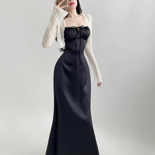 instahot黑色性感缎面吊带连衣裙时尚，设计感今年流行漂亮套装裙