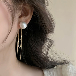日韩棉花珍珠长流苏耳环个性小众设计耳钉显脸瘦925银针耳饰