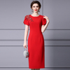 枝荔红色礼服裙轻奢气质，钉钻宴会主持人连衣裙显身材2024夏季
