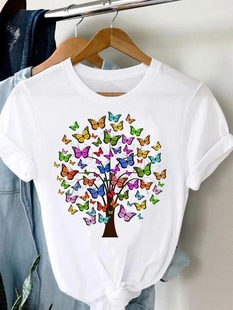 Butterfly Tree Women T-shirt 夏装女式时尚蝴蝶可爱潮流T恤短袖