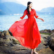 雪纺连衣裙夏季薄款长款红色裙子波西米亚度假沙滩裙v领显瘦长裙