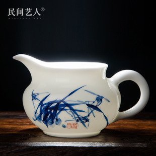 景德镇陶瓷薄胎公道杯手绘青花瓷，茶具分茶器侧把手工功夫茶道茶海