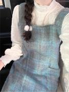 秋冬连衣裙湖蓝绿毛呢格子口袋长款背带裙秋装搭配一整套韩版