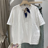 设计感丝巾系带白色T恤女2024夏季宽松时尚纯棉短袖单穿上衣