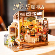 若来咖啡店diy小屋贝卡面包店，手工房子木质拼装模型别墅积木礼物