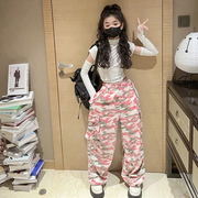 女童时髦潮酷粉色迷彩工装长裤2024韩版设计感断袖中领打底衫