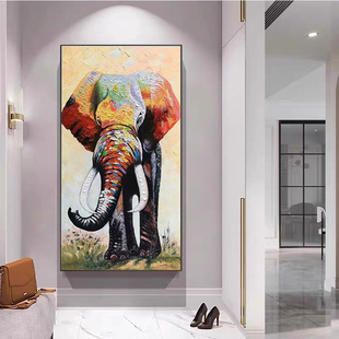 现代简约玄关装饰画纯手绘油画入户走廊过道大象壁画客厅落地挂画
