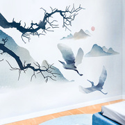 古风意境山水仙鹤图床边装饰贴墙壁自粘贴纸，卧室3d立体背景墙贴画