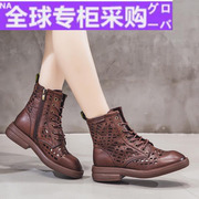 日本2022秋冬复古帅气真皮镂空女靴系带中跟女鞋，英伦风马