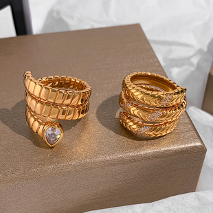欧美三层蛇形肌理感金色戒指女小众设计轻奢高级感时尚个性食指环