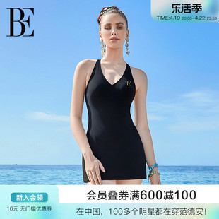 be范德安(范德安)小黑裙系列，连体泳衣女士性感罩衫，吊带挂脖裙式遮肚度假风