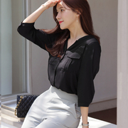 黑色雪纺衬衫七分袖夏季女式韩国2022韩版小众薄款短上衣
